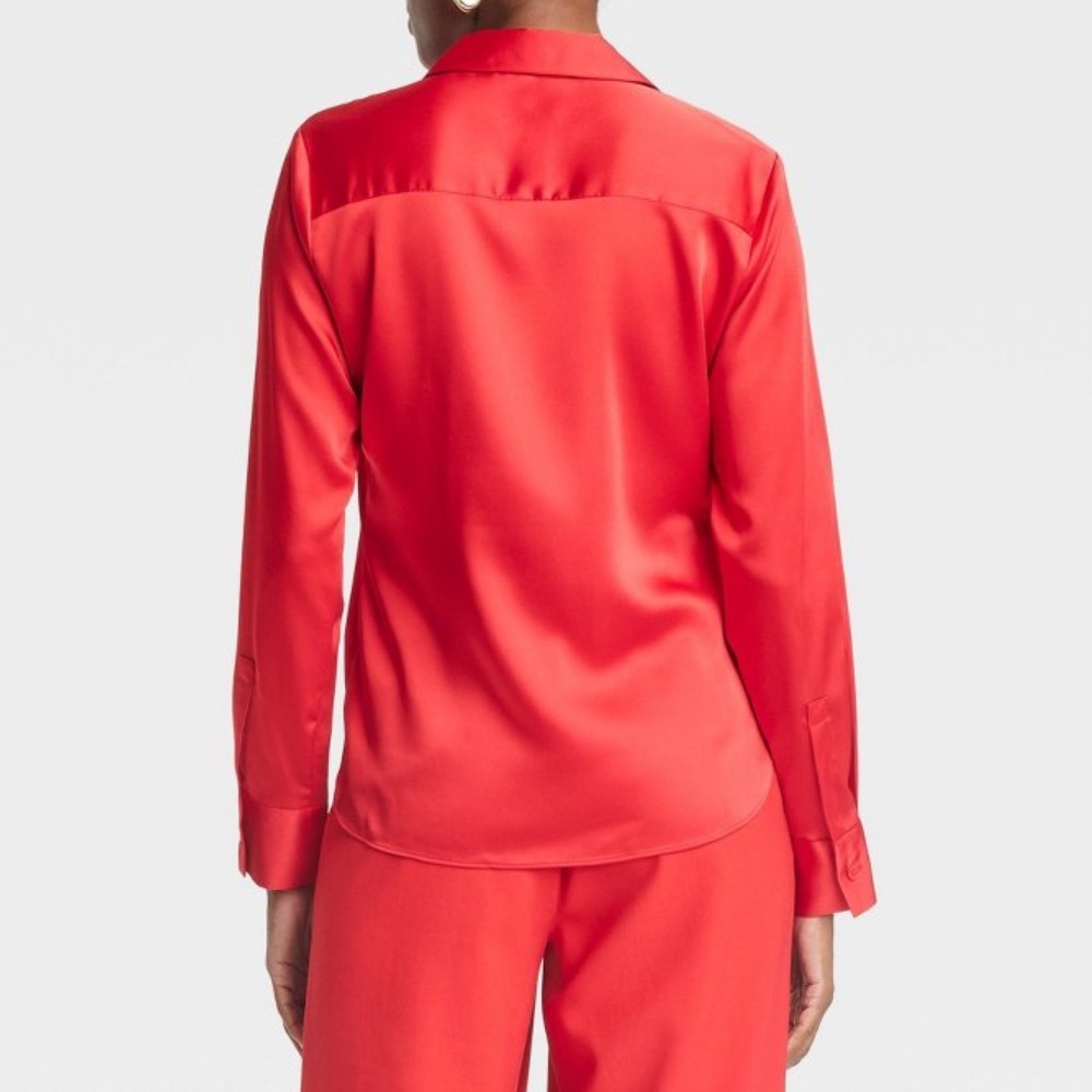 a new day Red Satin Button-Down Blouse